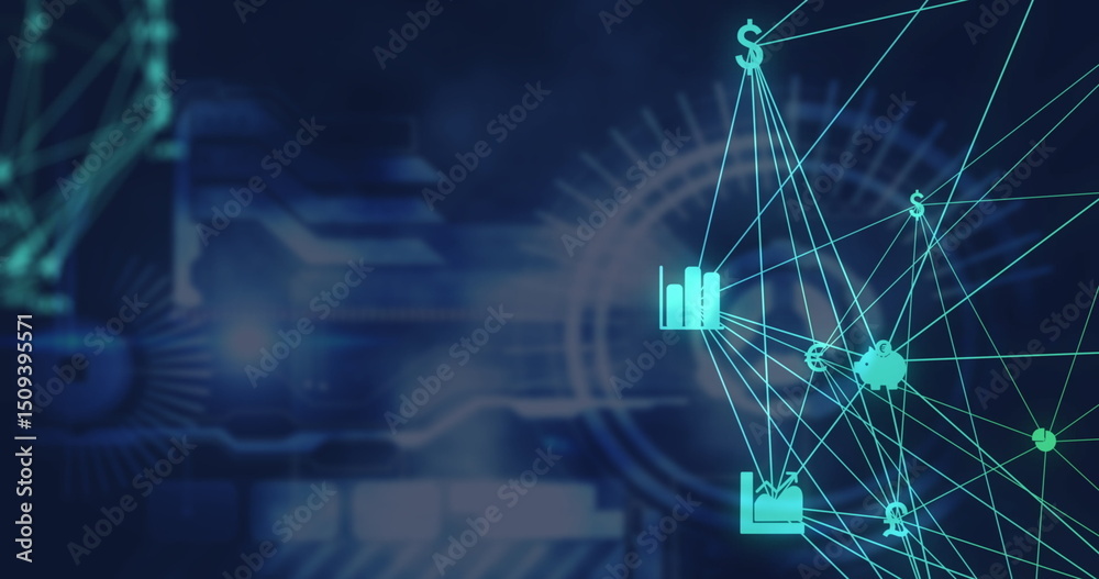 Poster image of globe of digital icons spinning over digital interface with data processing
