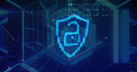 Image of tunnel made of hexagons, shield with padlock and data processing on navy background