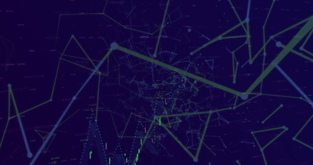 Digital image of financial data processing and network of connections against blue background
