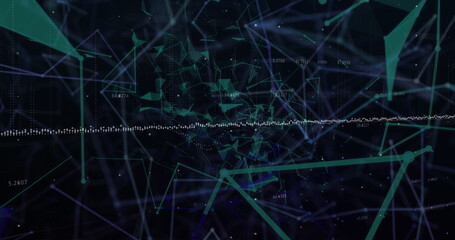 Digital image of financial data processing and network of connections against black background
