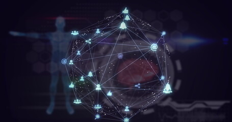 Image of globe of digital icons over digital interface with medical data processing