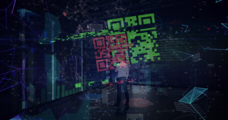 Qr code scanner and network of connections against thoughtful businessman and data processing