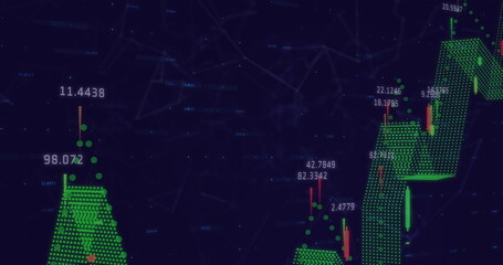 Digital image of financial data processing and network of connections against blue background