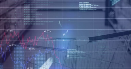 Image of financial data processing over shopping trolley in shop