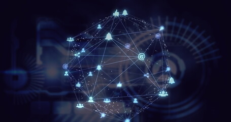 Globe of digital icons spinning over digital interface with data processing on black background