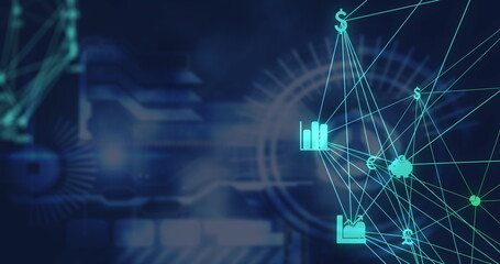 Image of globe of digital icons spinning over digital interface with data processing