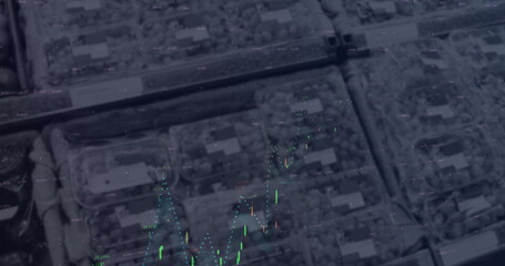 Image of financial data processing over cityscape