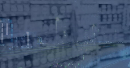 Image of financial data processing over shelves in shop