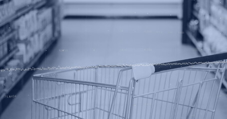Statistical data processing against close up of a shopping cart at supermarket