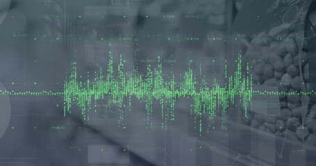 Image of graphs and globe over market stands