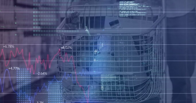 Image of financial data processing over shopping trolley in shop