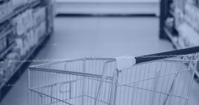 Statistical data processing against close up of a shopping cart at supermarket - Powered by Adobe
