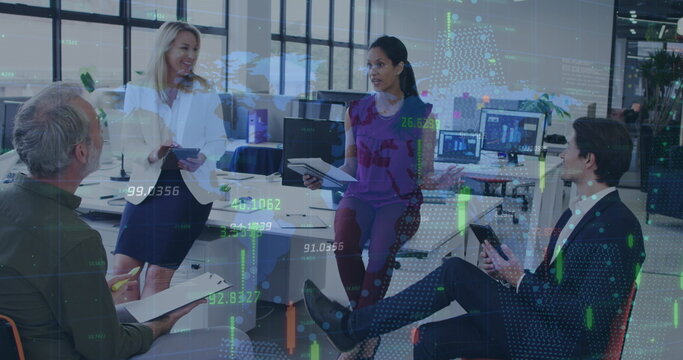 Financial data processing over group of diverse office colleagues discussing at office