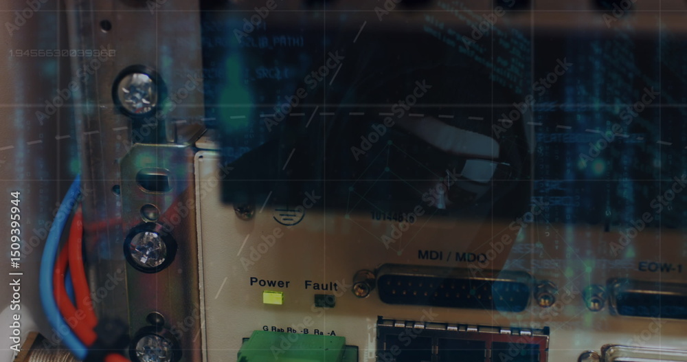 Poster data processing over close up of a computer server against male hacker