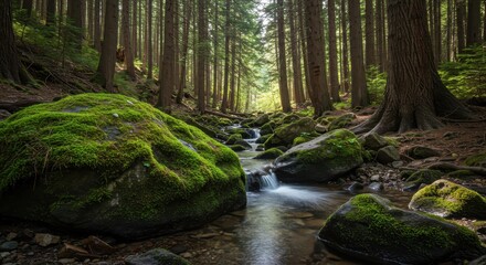 Obraz premium Tranquil stream flowing through lush green forest with moss-covered rocks and tall trees creating a serene natural landscape in sunlight