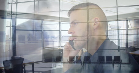 Image of caucasian businessman having call over timelapse with walking people