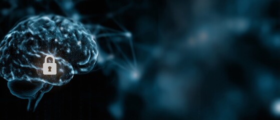 Glowing digital brain with circuit patterns and a padlock icon