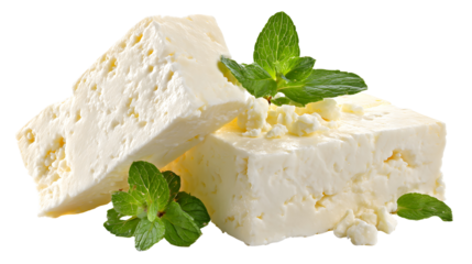 Two slices of white cheese with green leaves 