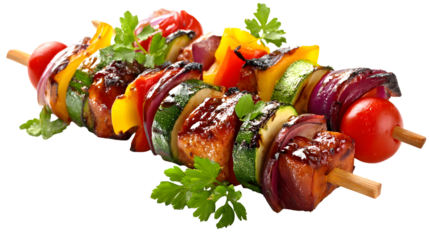 A skewer of meat and vegetables with a bunch of parsley on the right