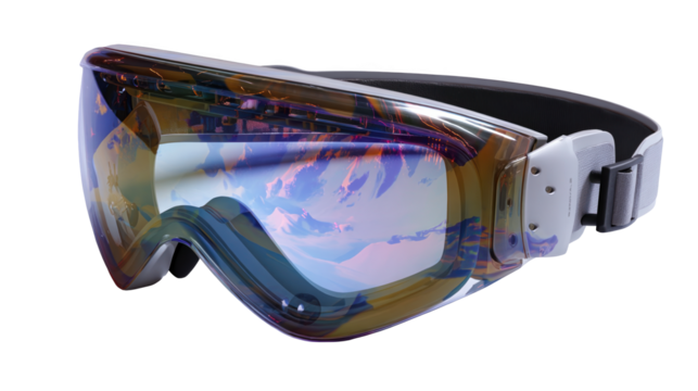 Modern ski goggles reflecting a breathtaking mountain landscape are showcased against a transparent background, ready for integration into diverse design projects