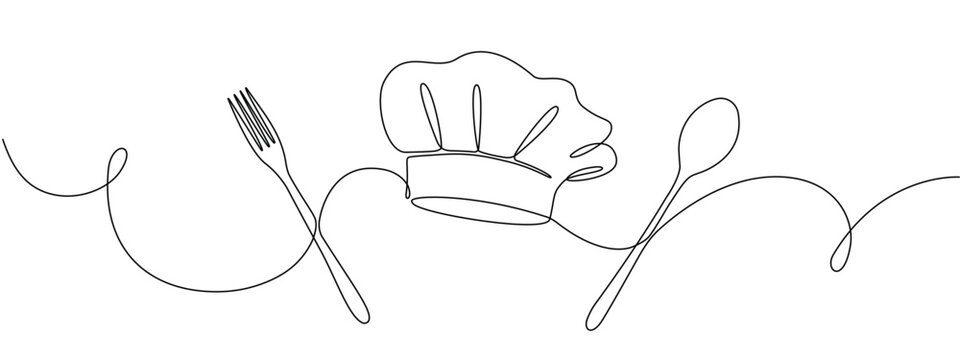 Fork, knife, spoon with plate and chef's cap in one solid line. Single line editable cutlery template for business cards, banners. Symbol of cafe, restaurant. Vector illustration