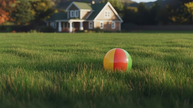Summer Fun Beach Ball in a Lush Green Lawn with House in Background