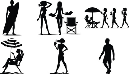 Fototapeta premium Beach Vacation Silhouettes - Summer Fun, Surfing, and Relaxation Vector Set