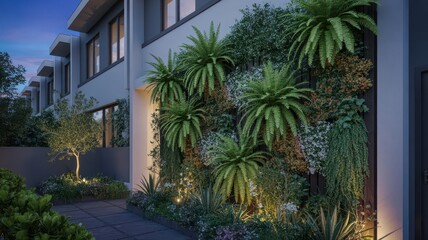 Fototapeta premium Stunning Modern Architecture with Lush Vertical Garden at Dusk