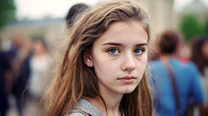 Obraz premium close-up portrait of a young girl with long brown hair and striking eyes