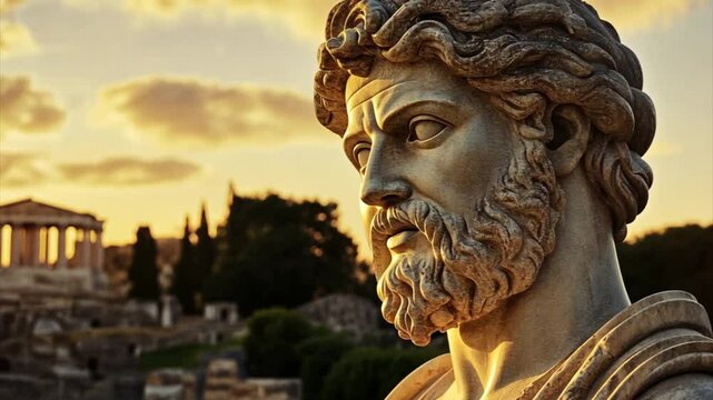 Sculpture of Greek philosopher Socrates in ancient Greece with city ruins on background at golden hour sunset
