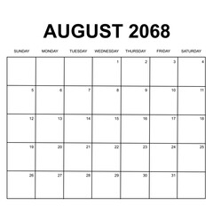 august 2068. monthly calendar design. week starts on sunday. printable, editable, simple, and clean vector design isolated on white background.