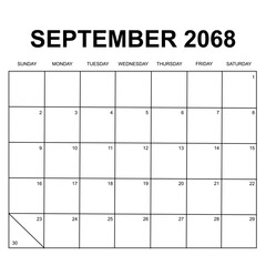september 2068. monthly calendar design. week starts on sunday. printable, editable, simple, and clean vector design isolated on white background.
