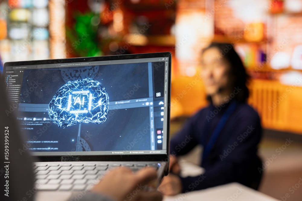 Poster call center worker uses ai technology on laptop to generate call scripts during conversation with cu