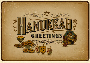 Un biglietto di auguri di Hanukkah in stile vintage con il testo 'Hanukkah Greetings' in un carattere stilizzato