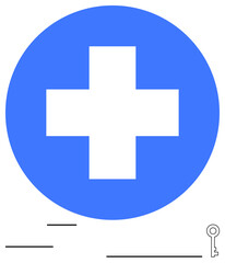 Obraz premium White cross in a blue circle with minimal lines and a key outline. Ideal for healthcare, safety, emergency, medical, access, security, and solutions. Flat simple metaphor