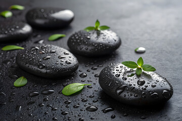 Hyperrealistic Close-Up: Dark, Moody, Textured Black Zen Stones with Green Sprouts


