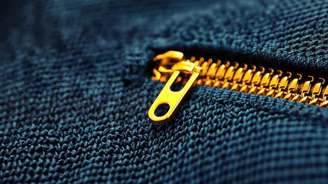 Textile's Golden Embrace: An intimate close-up reveals the elegance of a golden zipper delicately interlaced within a rich, textured fabric, creating a study of contrasts and intricate details.