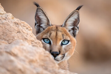 Captivating Close-Up of a Caracal Peeking from Behind a Rock

