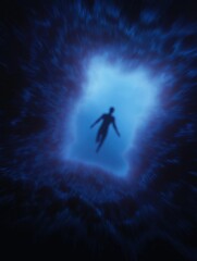 Fototapeta premium Digital illustration of a person in the center of a dark blue vortex. the person is silhouetted against the dark background, and their body is facing towards the right side of the image.