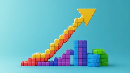 Colorful Block Chart Growth Arrow Upward Trend Business Success Development Strategy Visual Colorful Blocks Rainbow Colors Modern Design Abstract Pixel Art 3D Render Marketing     