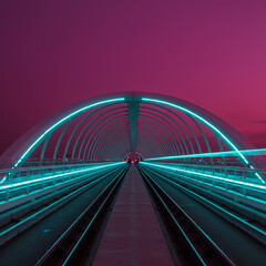 Obraz premium Futuristic covered railway track illuminated by teal neon lights against a magenta sky