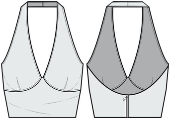 Halter Neck Crop Top Front and Back View. Fashion Illustration, Vector, CAD, Technical Drawing, Flat Drawing, Template, Mockup.