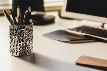 Close-up of a modern office desk with a stylish pen holder, keyboard, and computer monitor, bathed in bright morning sunlight creating a productive work environment