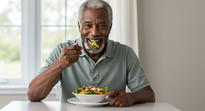 An older african american man is smiling while eating a salad at a table near a bright window indoors