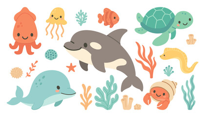 Vector illustration of cute sea animals including octopus, jellyfish, fish, turtle, orca, eel, crab in shell, dolphin, coral, and seaweed. Ideal for kids, marine, and underwater themes © oksanagrytsyuk