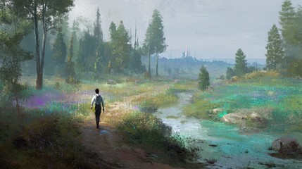 Fototapeta premium Individual walking along a serene path beside a tranquil stream, surrounded by lush greenery and vibrant wildflowers, evoking a sense of peace and connection with nature