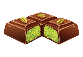 Luxurious chocolate bar filled with kunafa and pistachio paste - vector illustration