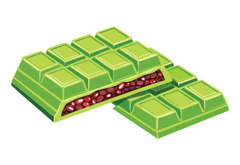 Matcha chocolate bar with broken pieces - vector illustration