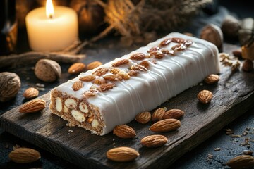 Granola bar: nutritious snack, energy source, wholesome treat, healthy bite, balanced diet, fiber-rich choice, dietary fuel, natural sweetness, essential nutrients, active lifestyle.