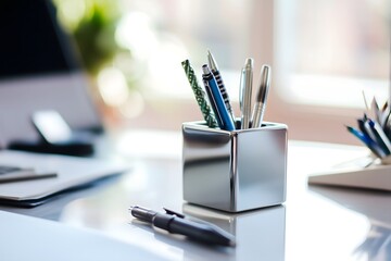 Sleek metallic pen holder on an organized white desk, representing a modern professional workspace and business productivity concept